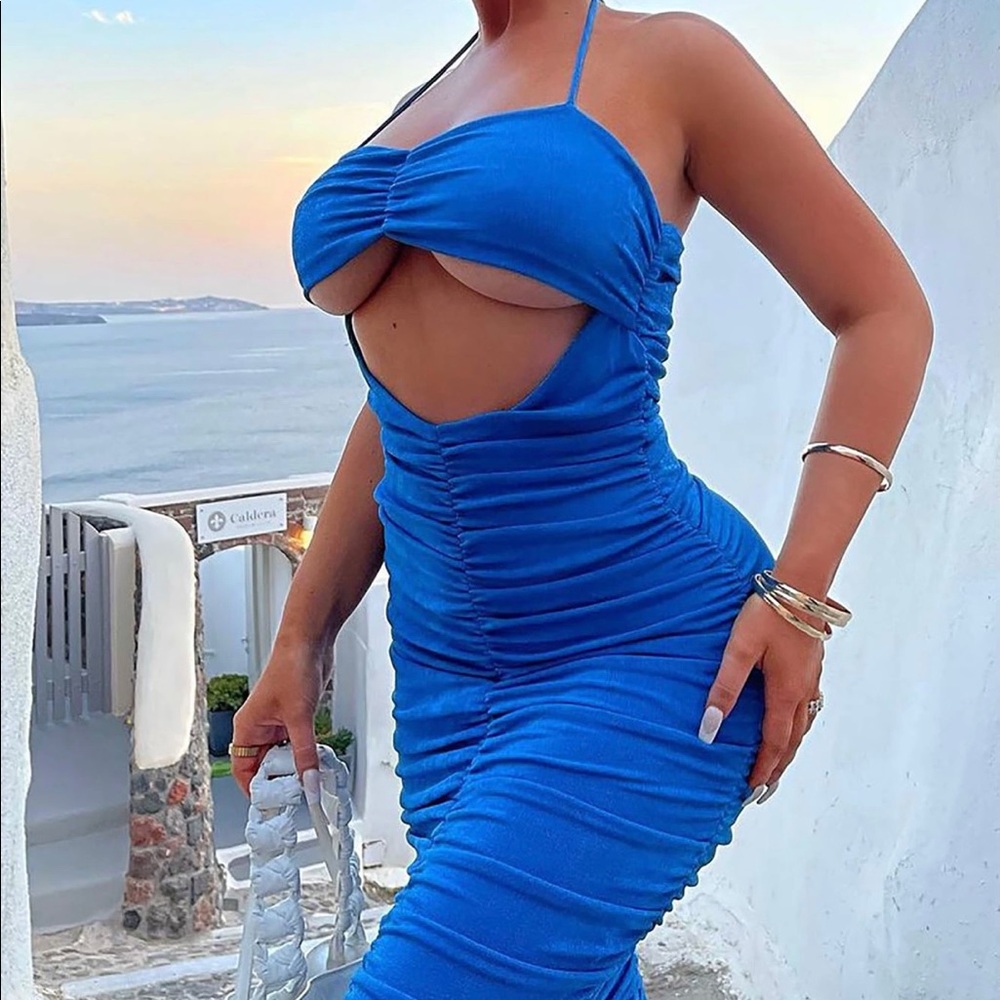 Blue over neck dress